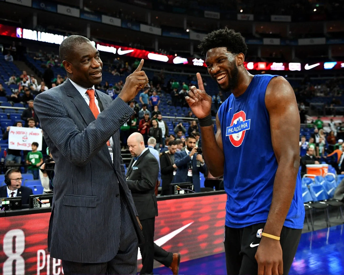 Dikembe Mutombo and Joel Embiid finger wag Philadelphia 76ers canvas wall art