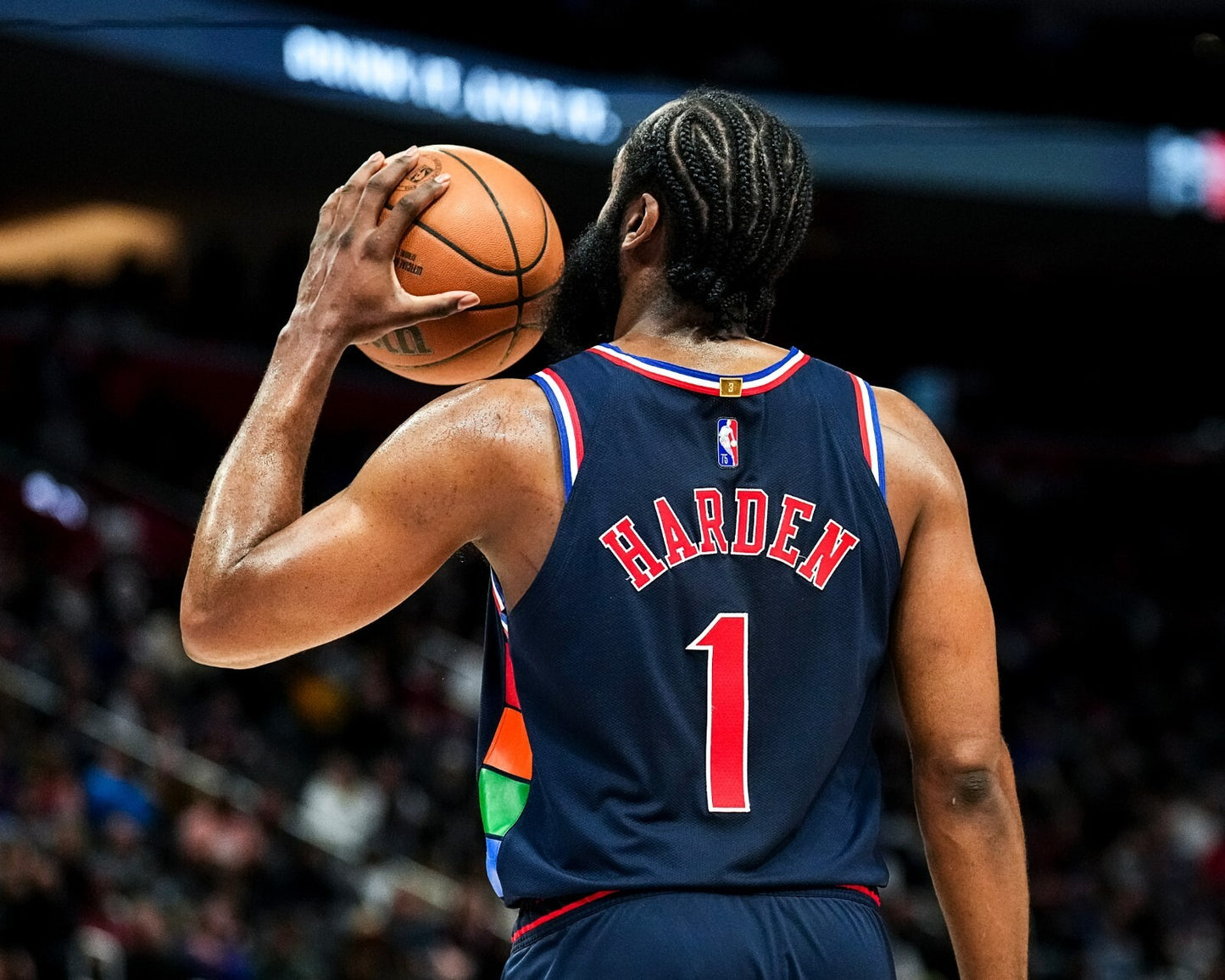 James Harden looking out at crowd Philadelphia 76ers canvas wall art