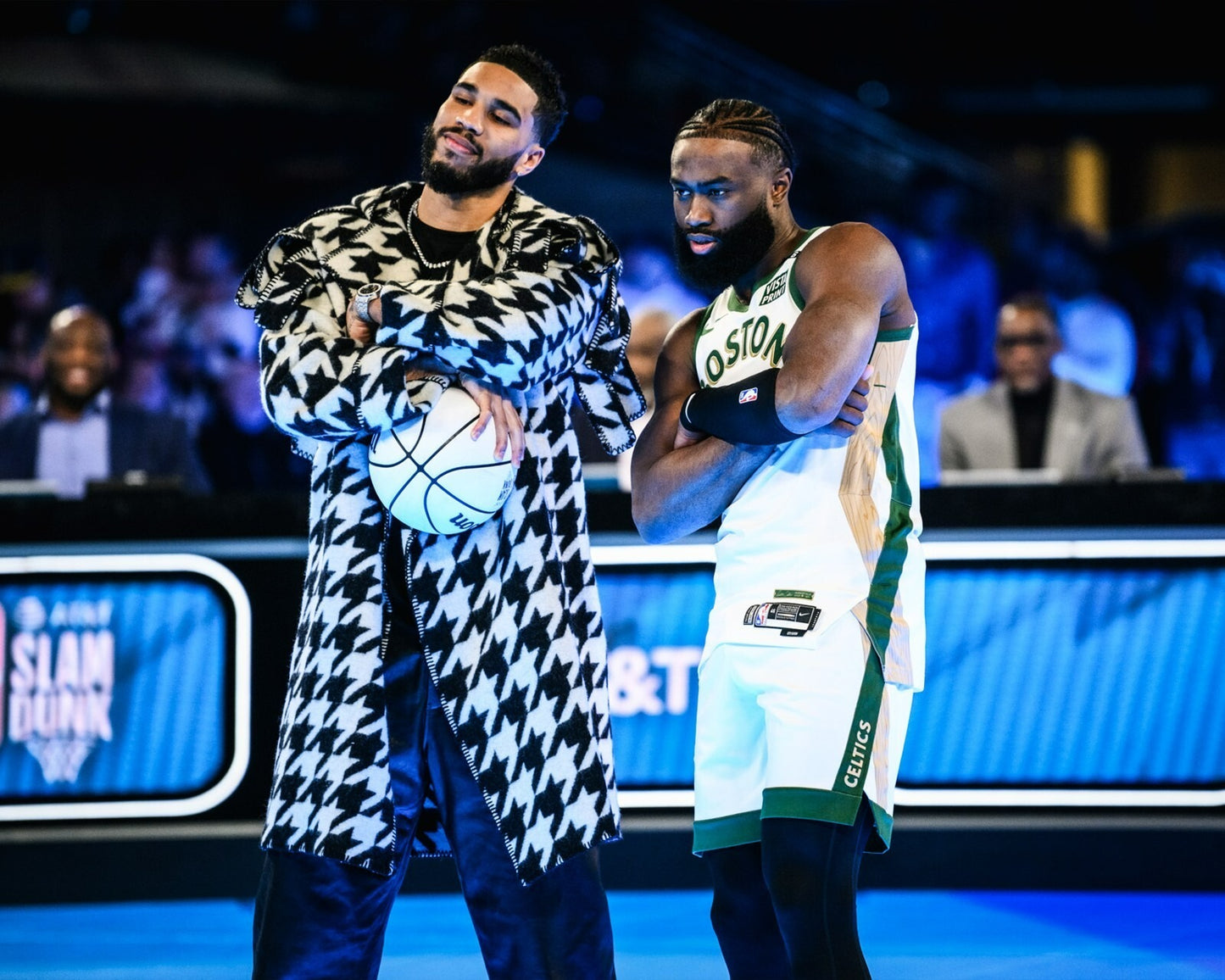 Jayson Tatum and Jaylen Brown posing on court Boston Celtics canvas wall art