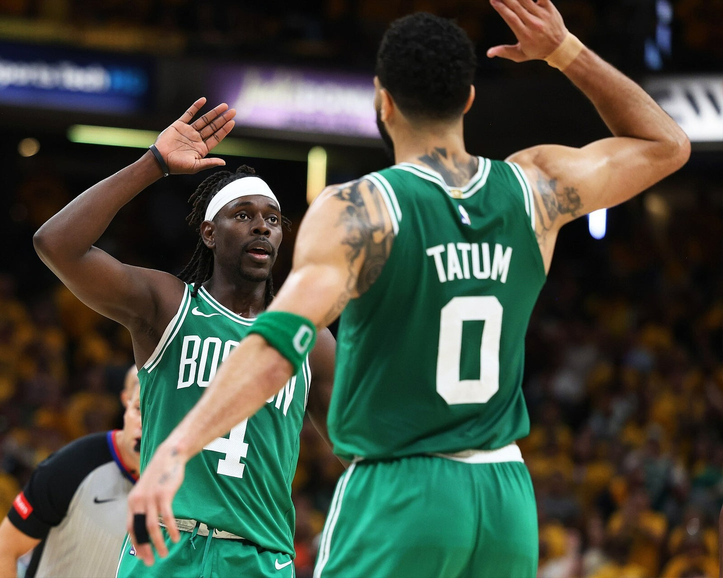 Jayson Tatum and Jrue Holiday high-five Boston Celtics canvas wall art