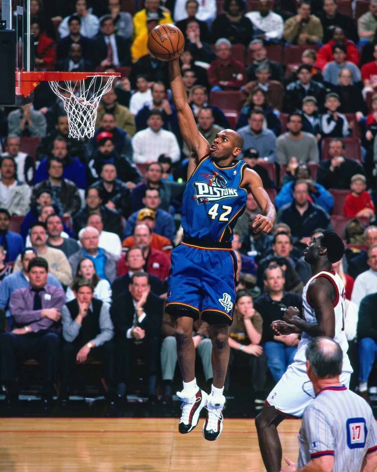 Jerry Stackhouse jumping for a dunk Detroit Pistons canvas wall art
