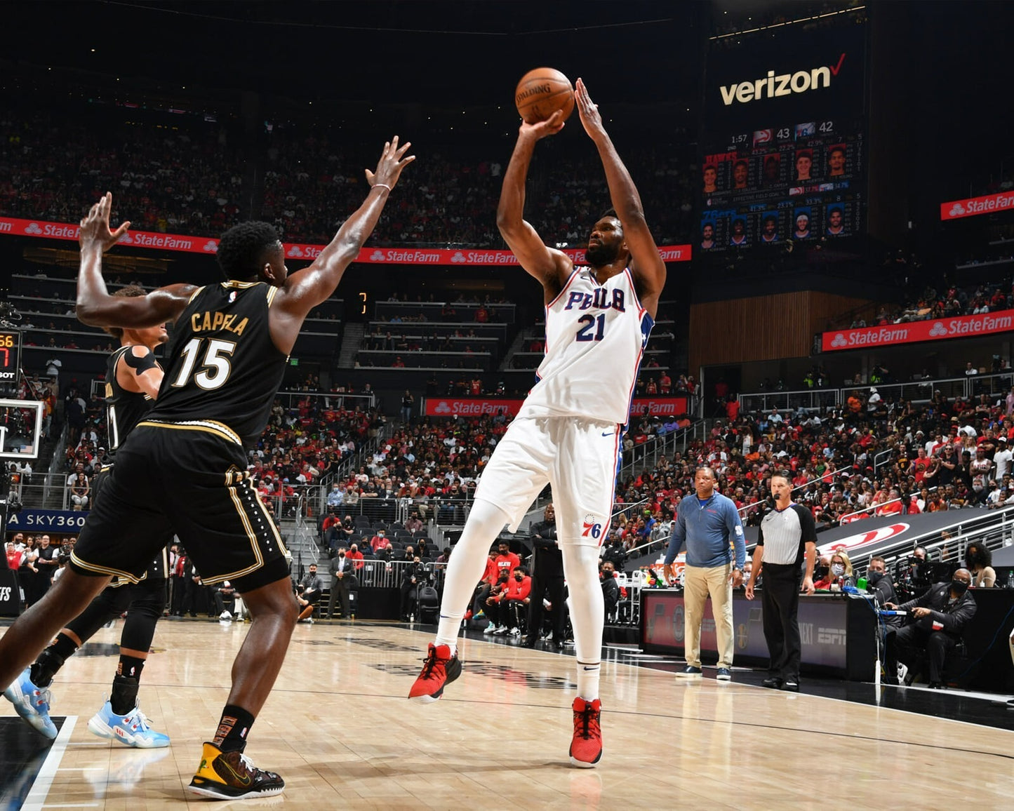 Joel Embiid shooting on court Philadelphia 76ers canvas wall art