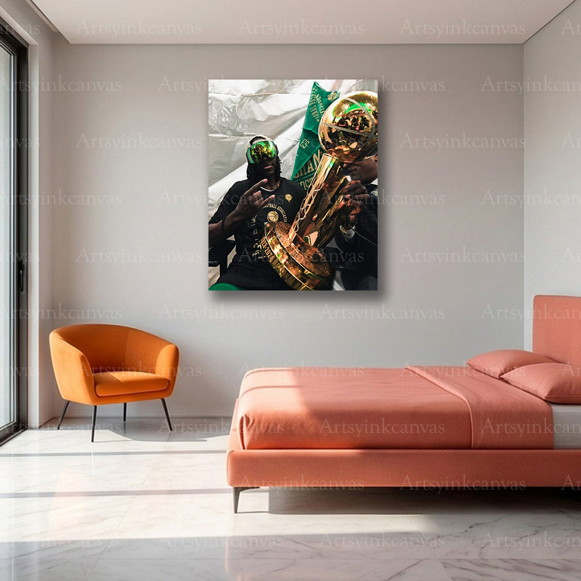 Jrue Holiday Trophy Celebration Canvas Wall Art | Boston Celtics NBA Champions Decor