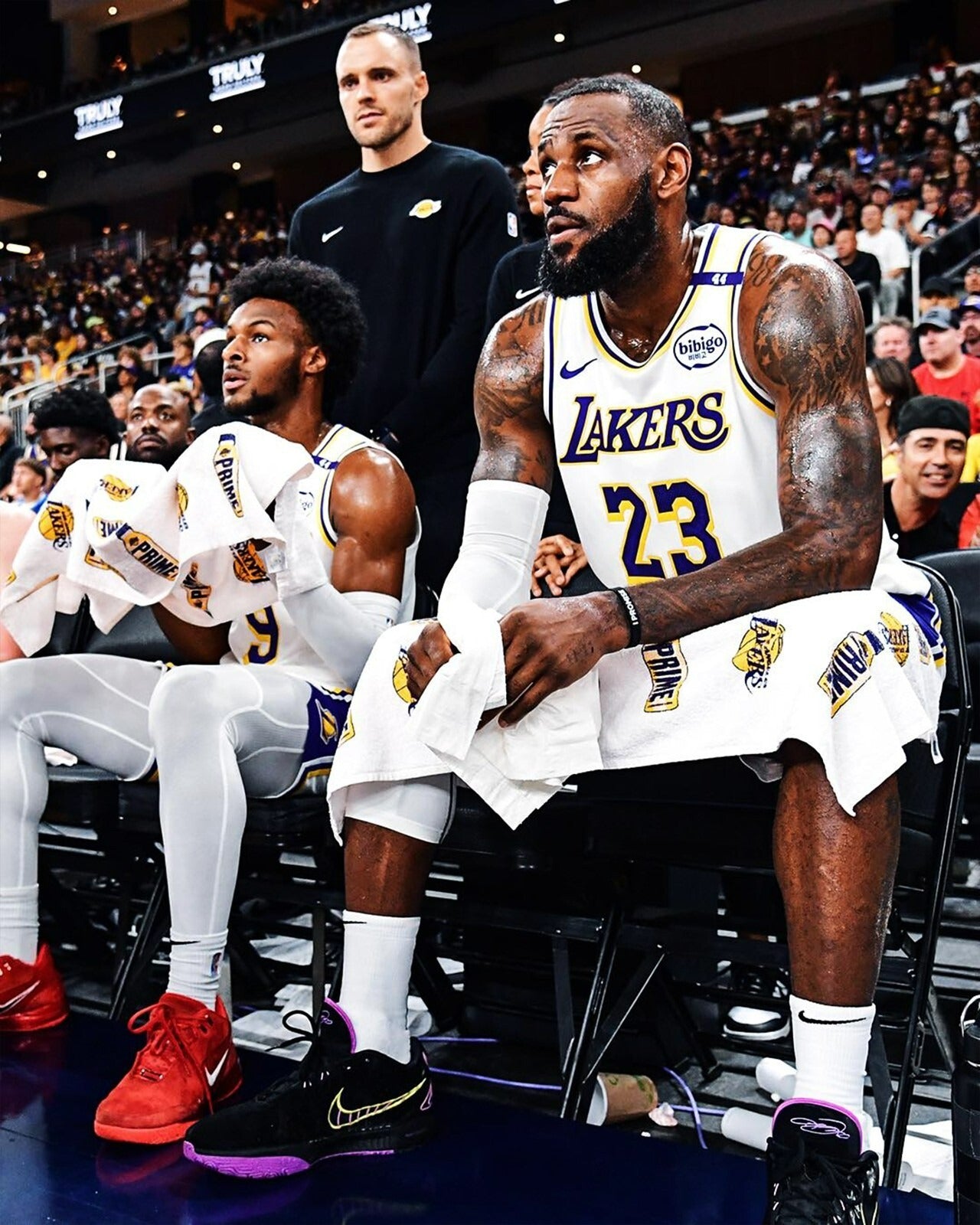 LeBron and Bronny James bench canvas wall art