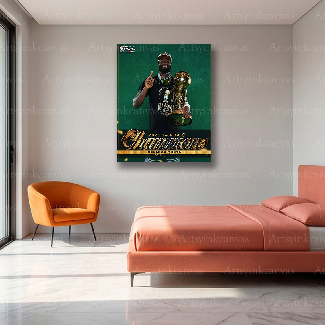 Neemias Queta Championship Trophy Canvas Wall Art | Boston Celtics NBA Champions Decor