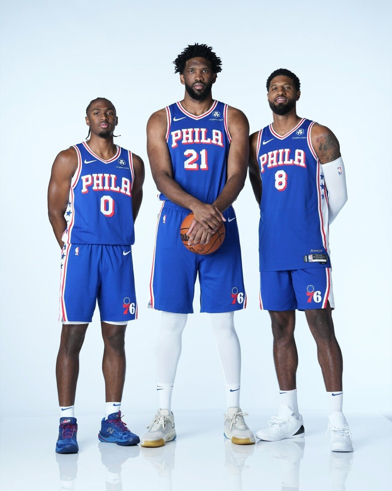 Tyrese Maxey Joel Embiid Paul George posing Philadelphia 76ers canvas wall art