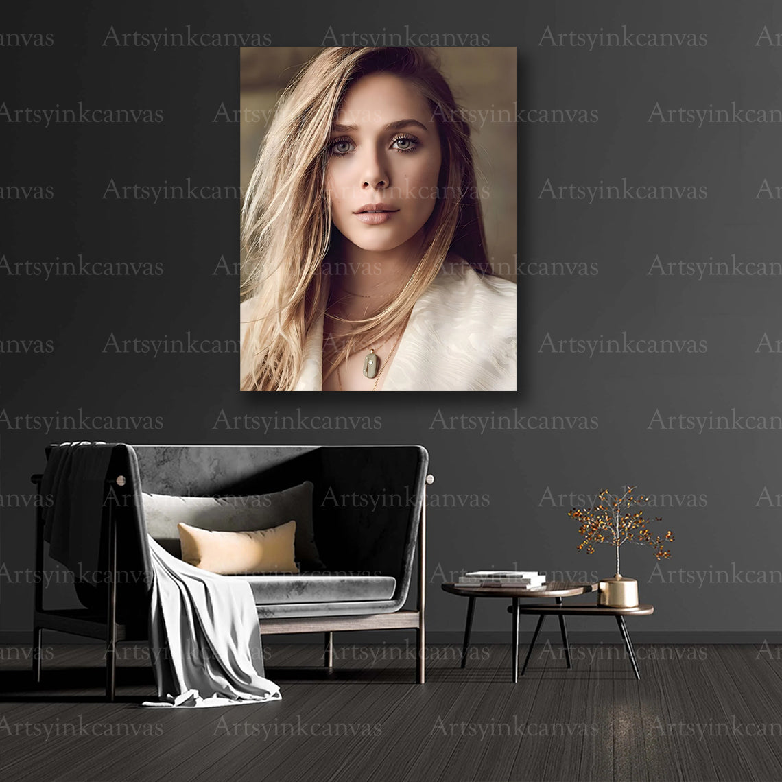 Luxury Elizabeth Olsen wall art canvas showcasing timeless celebrity-inspired décor for office, apartment, or entertainment room interiors.
