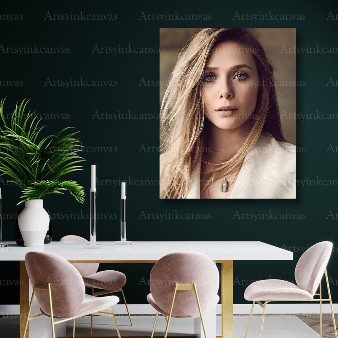 Modern Elizabeth Olsen canvas artwork created for fans seeking premium celebrity wall décor to enhance stylish American home interiors.