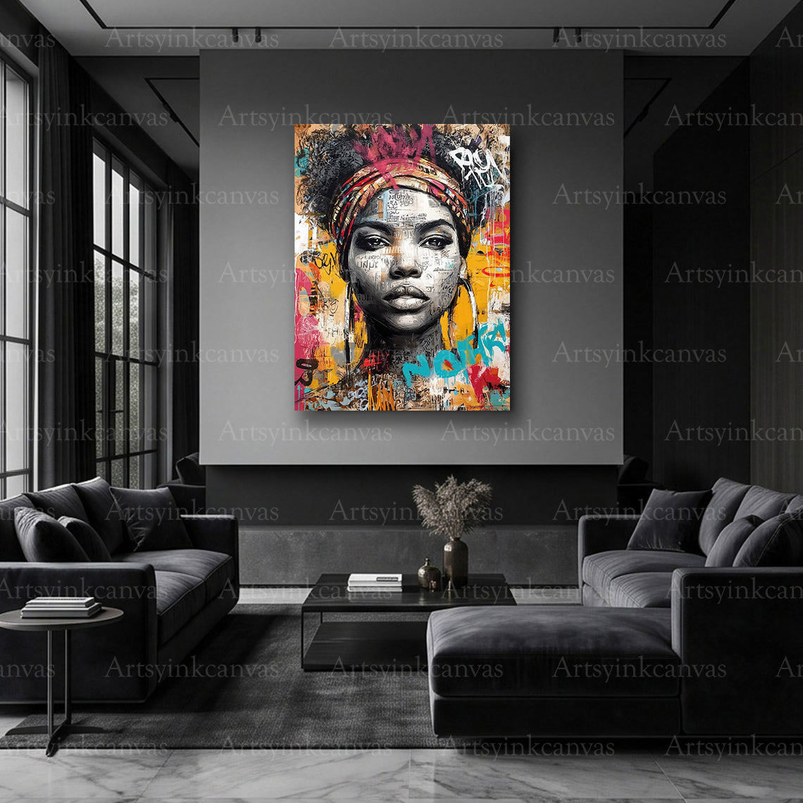 African woman street art canvas artwork