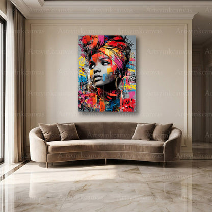 African woman colorful portrait graffiti canvas
