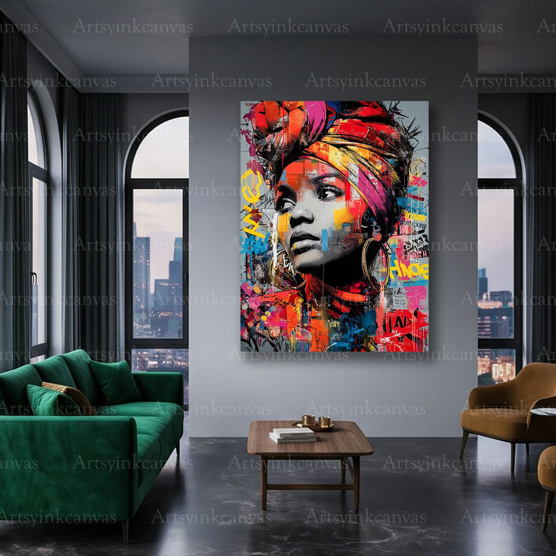 African woman elegant street art canvas wall decor