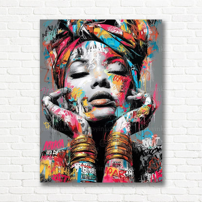 African woman colorful graffiti portrait wall decor