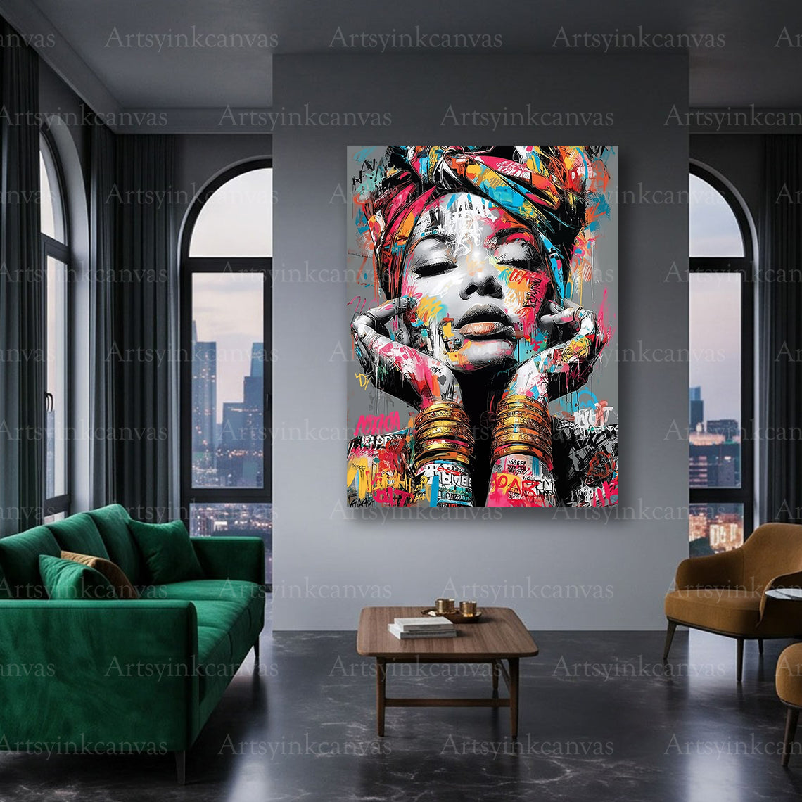Colorful African woman graffiti wall art