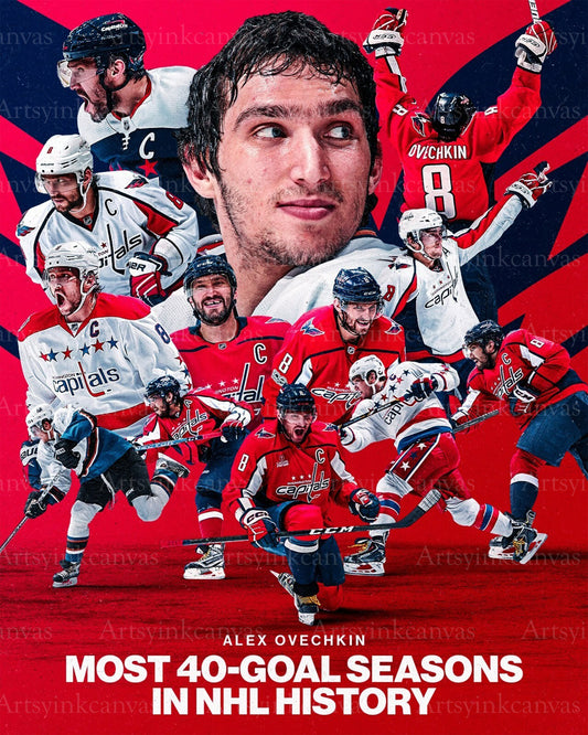 Alex Ovechkin most 40 goal seasons in NHL history canvas wall art