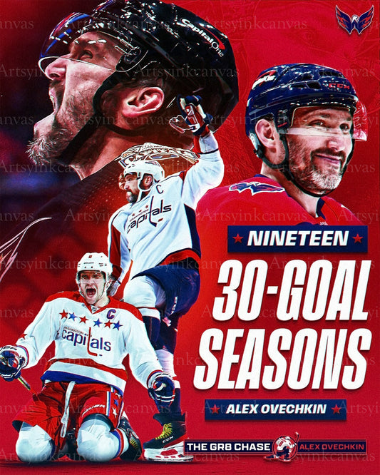 Alex Ovechkin nineteen 30 goal seasons canvas wall art