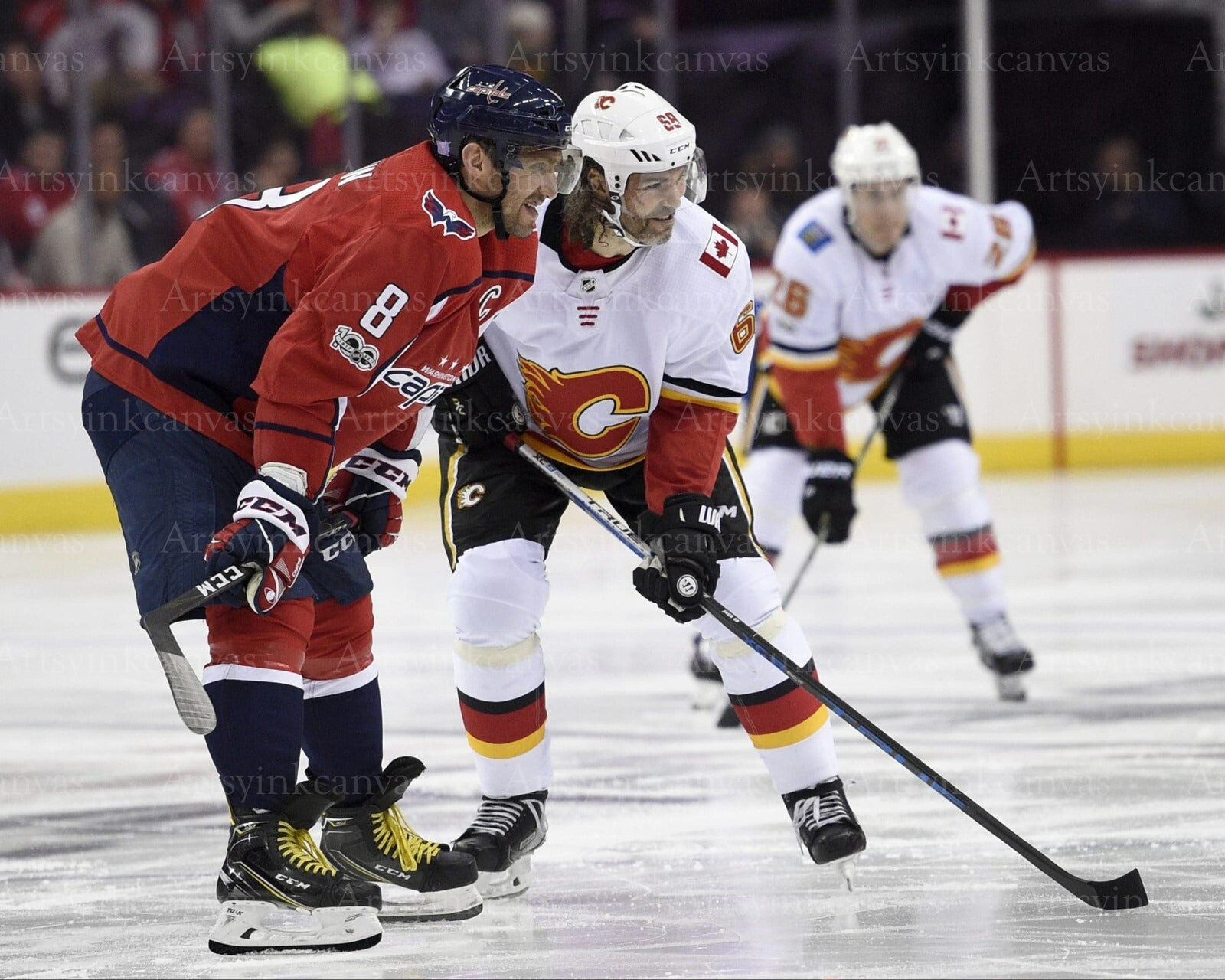 Alex Ovechkin vs Jaromir Jagr faceoff Capitals Flames canvas wall art