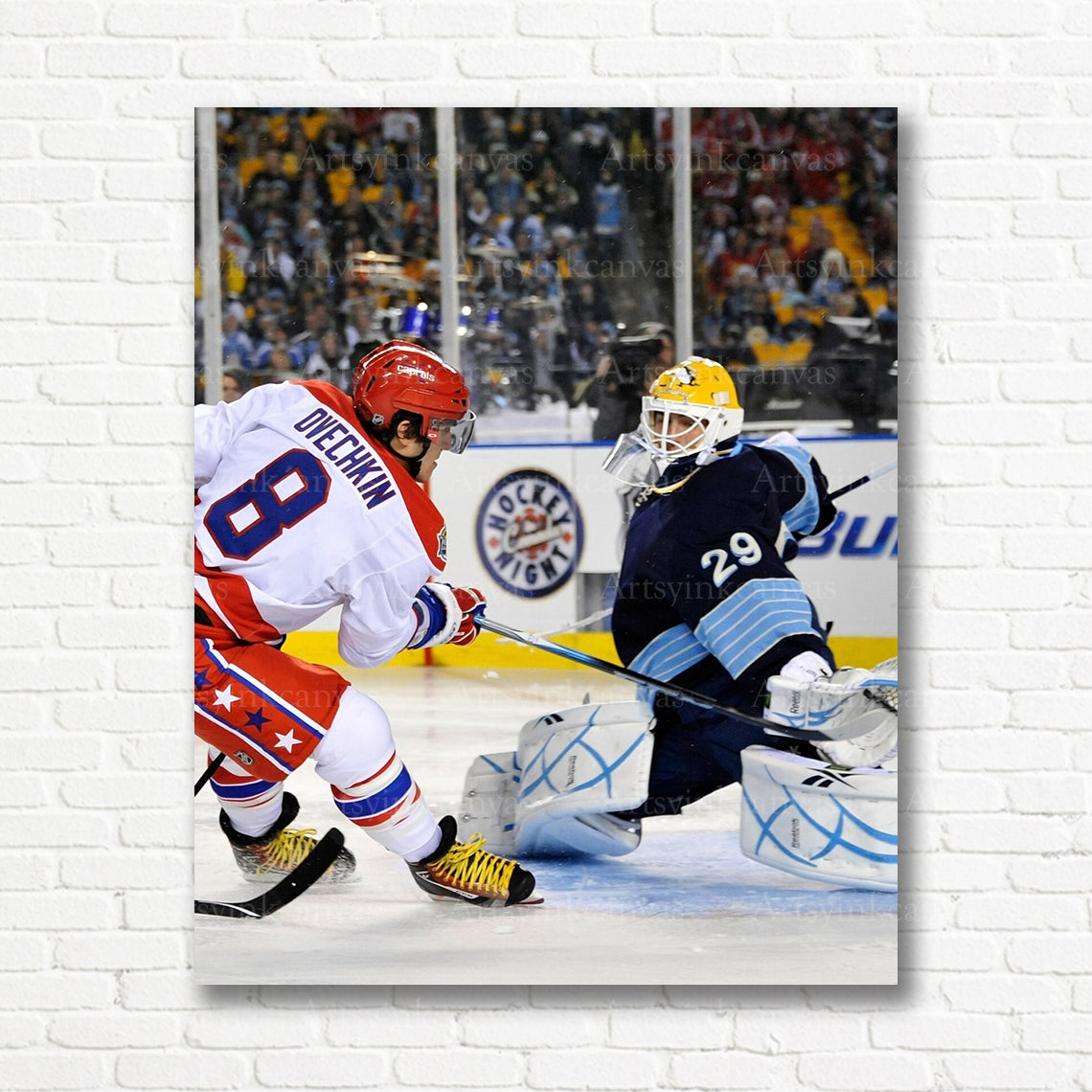 Alex Ovechkin shooting against Marc-Andre Fleury canvas print