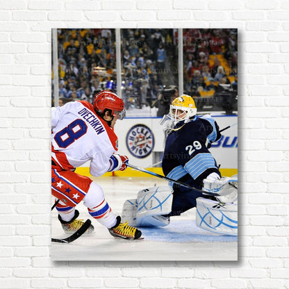 Alex Ovechkin shooting against Marc-Andre Fleury canvas print