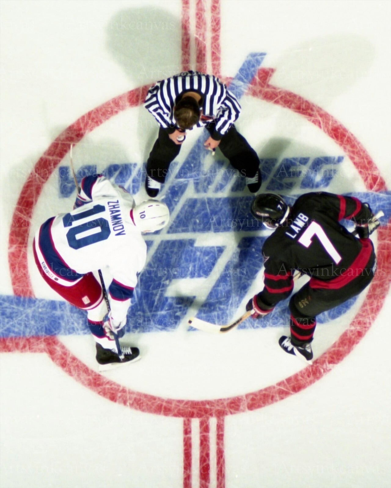Alexei Zhamnov vs Mark Lamb faceoff Winnipeg Jets Ottawa Senators canvas wall art