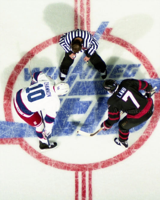 Alexei Zhamnov vs Mark Lamb faceoff Winnipeg Jets Ottawa Senators canvas wall art
