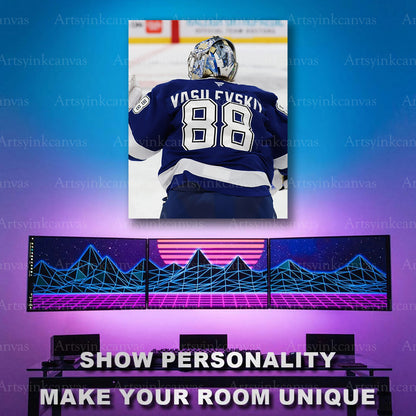 Andrei Vasilevskiy pregame stretching hockey artwork