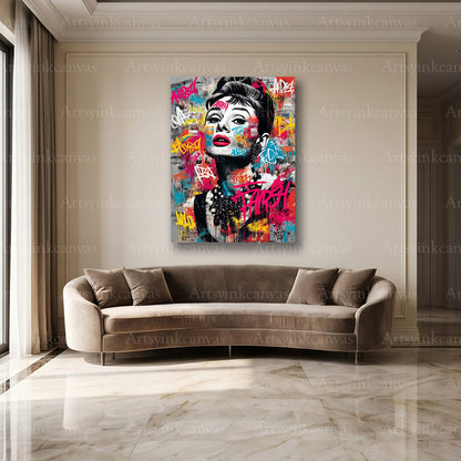 Audrey Hepburn elegant celebrity artwork with graffiti details