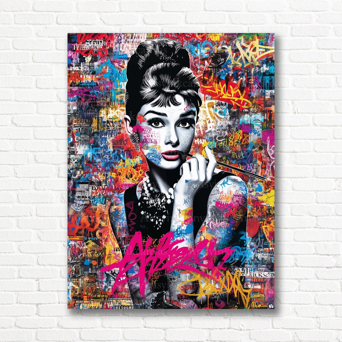 Audrey Hepburn classic Hollywood graffiti artwork on premium canvas