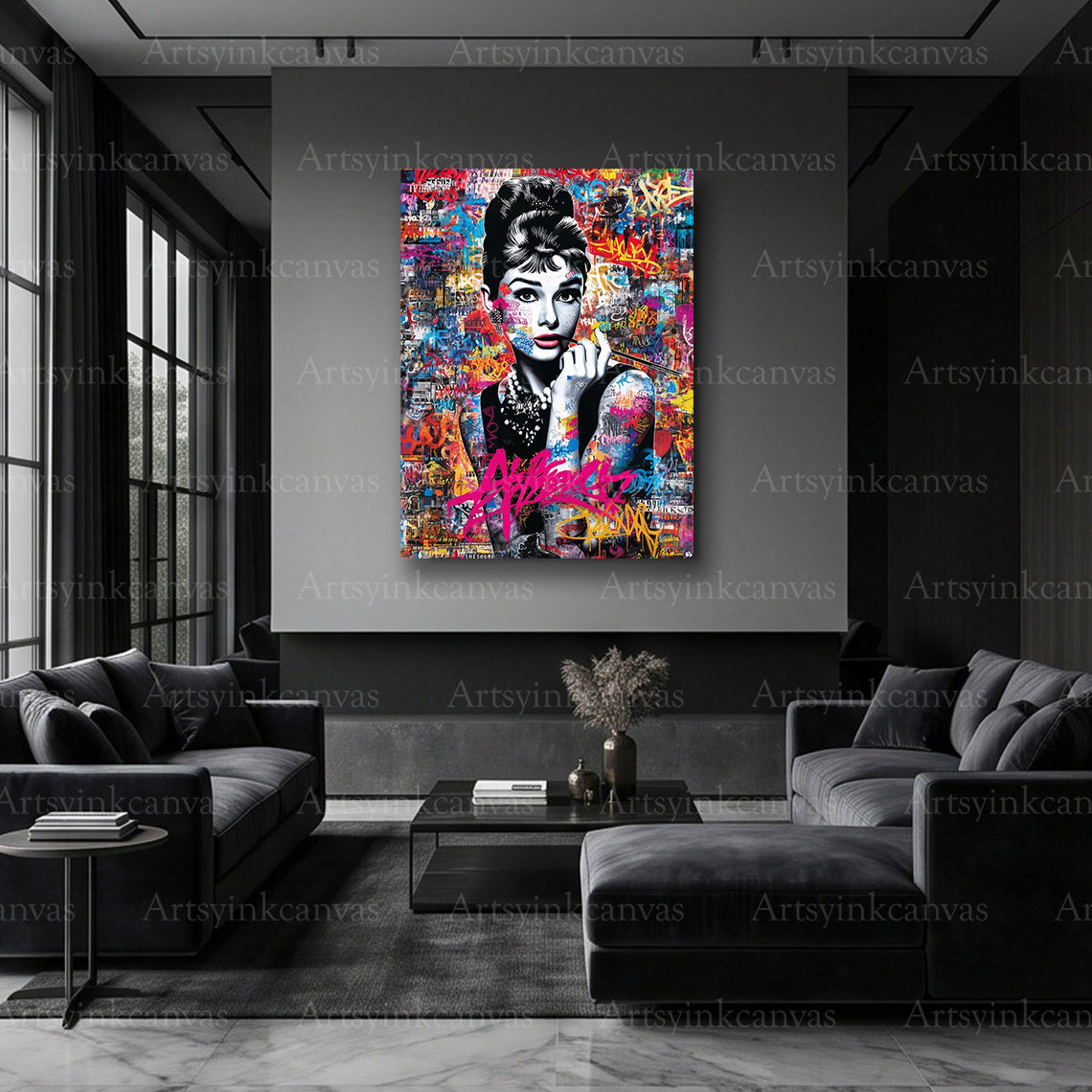 Audrey Hepburn fashion icon canvas artwork with urban graffiti styling