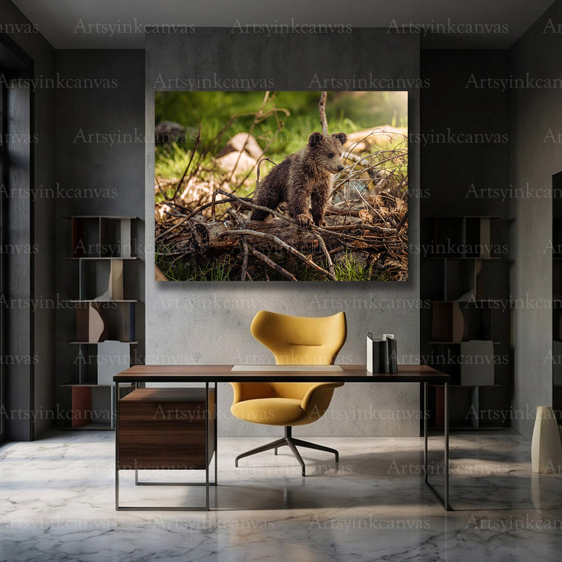 Cute bear cub with natural branches canvas artwork