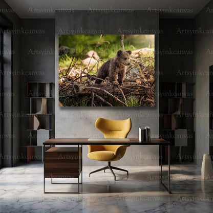 Cute bear cub with natural branches canvas artwork