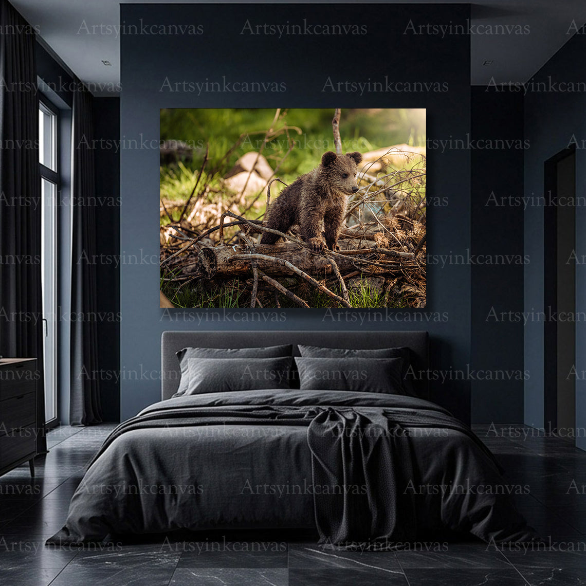 Woodland bear cub canvas wall art with natural outdoor character