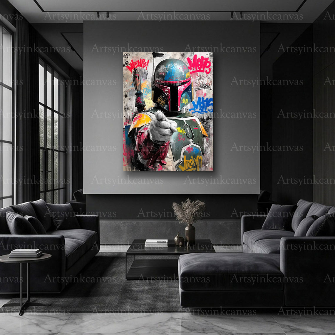 Boba Fett helmet graffiti canvas art with bold sci fi styling