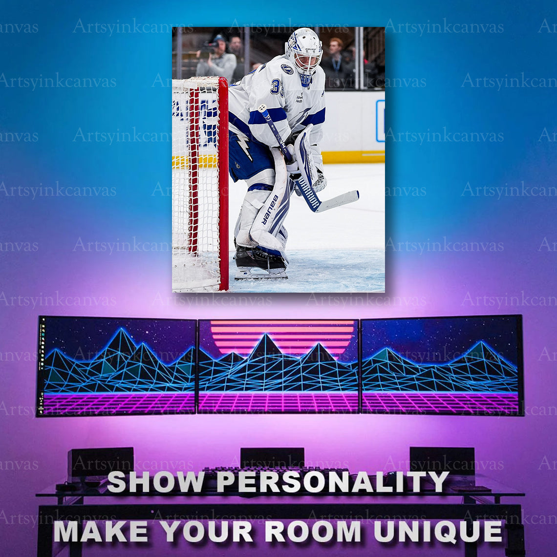 Brandon Halverson guarding the net hockey artwork