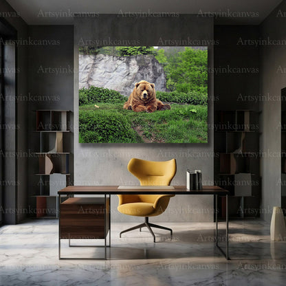 Brown bear standing in grassland wall decor