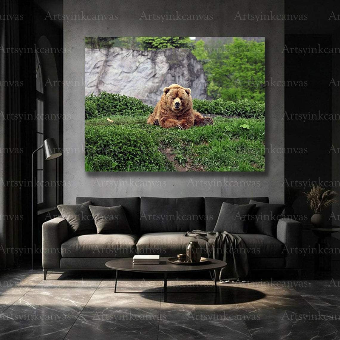 Brown bear and green grass wildlife home decoration