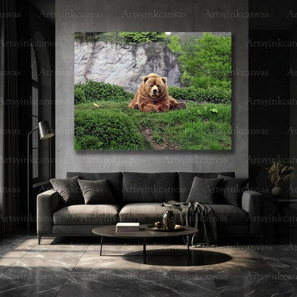 Brown bear and green grass wildlife home decoration