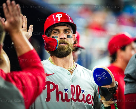 Bryce Harper celebrating in the dugout canvas wall art