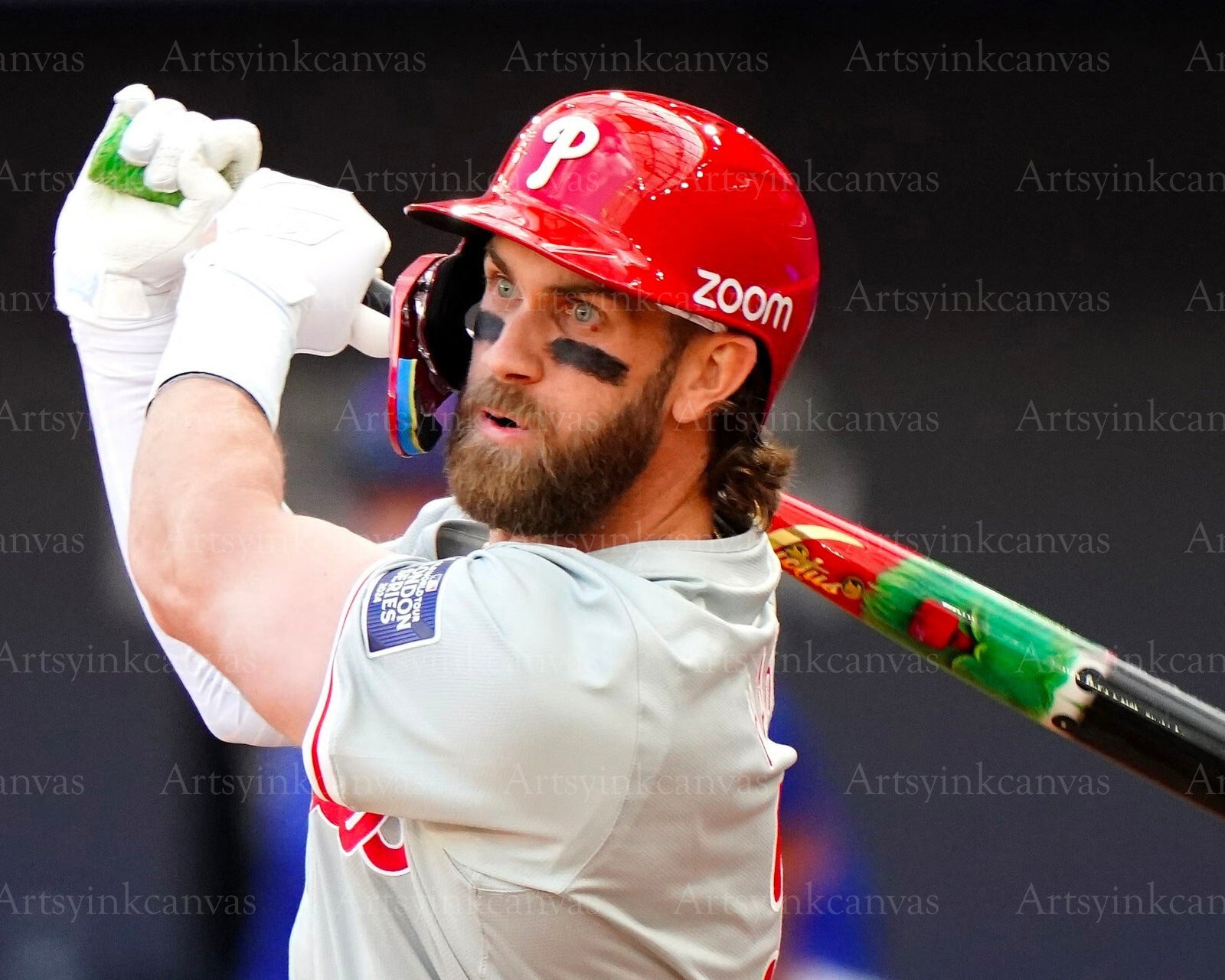 Bryce Harper and Phillie Phanatic bat guard canvas wall art