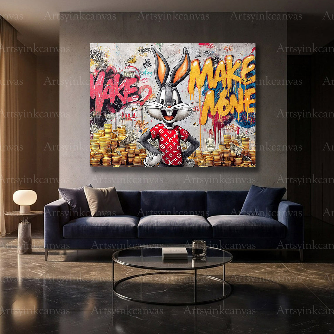 Bugs Bunny surrounded by luxury gold coin inspired artwork