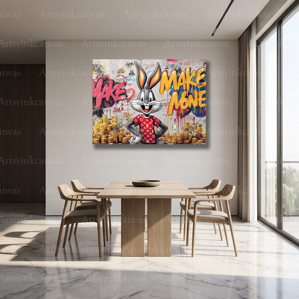 Bugs Bunny graffiti wall artwork with a luxury aesthetic