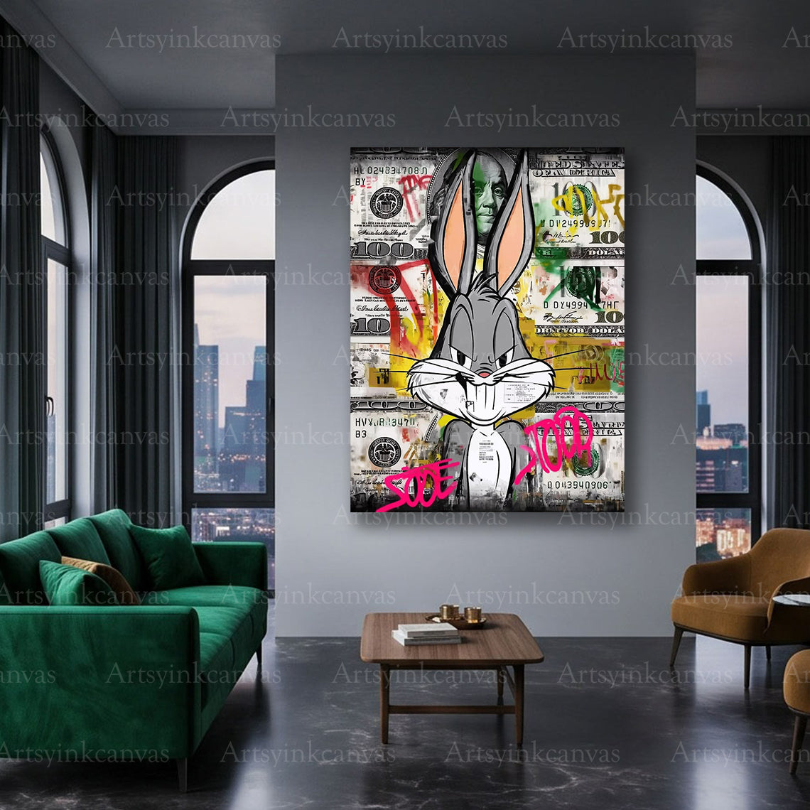 Playful Bugs Bunny canvas artwork with urban style