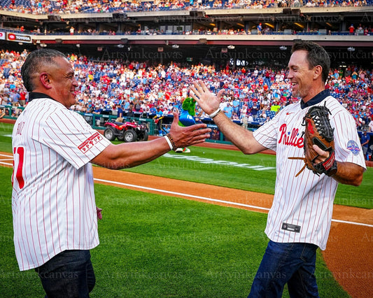 Carlos Ruiz and Brad Lidge on field handshake canvas wall art