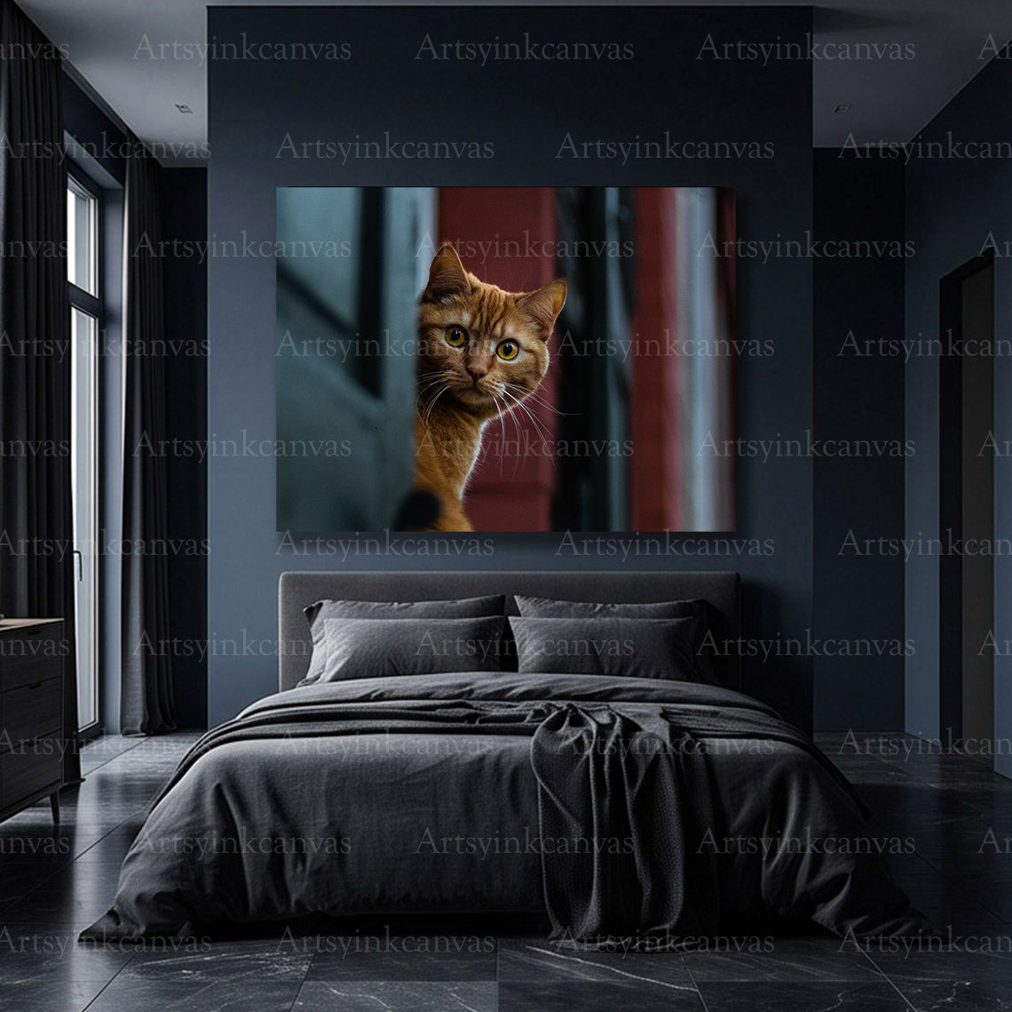 Alert cat with intense gaze canvas artwork for creative decor