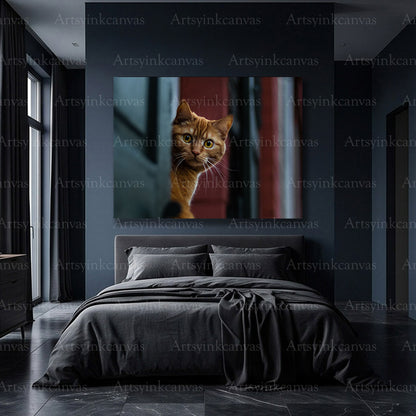 Alert cat with intense gaze canvas artwork for creative decor