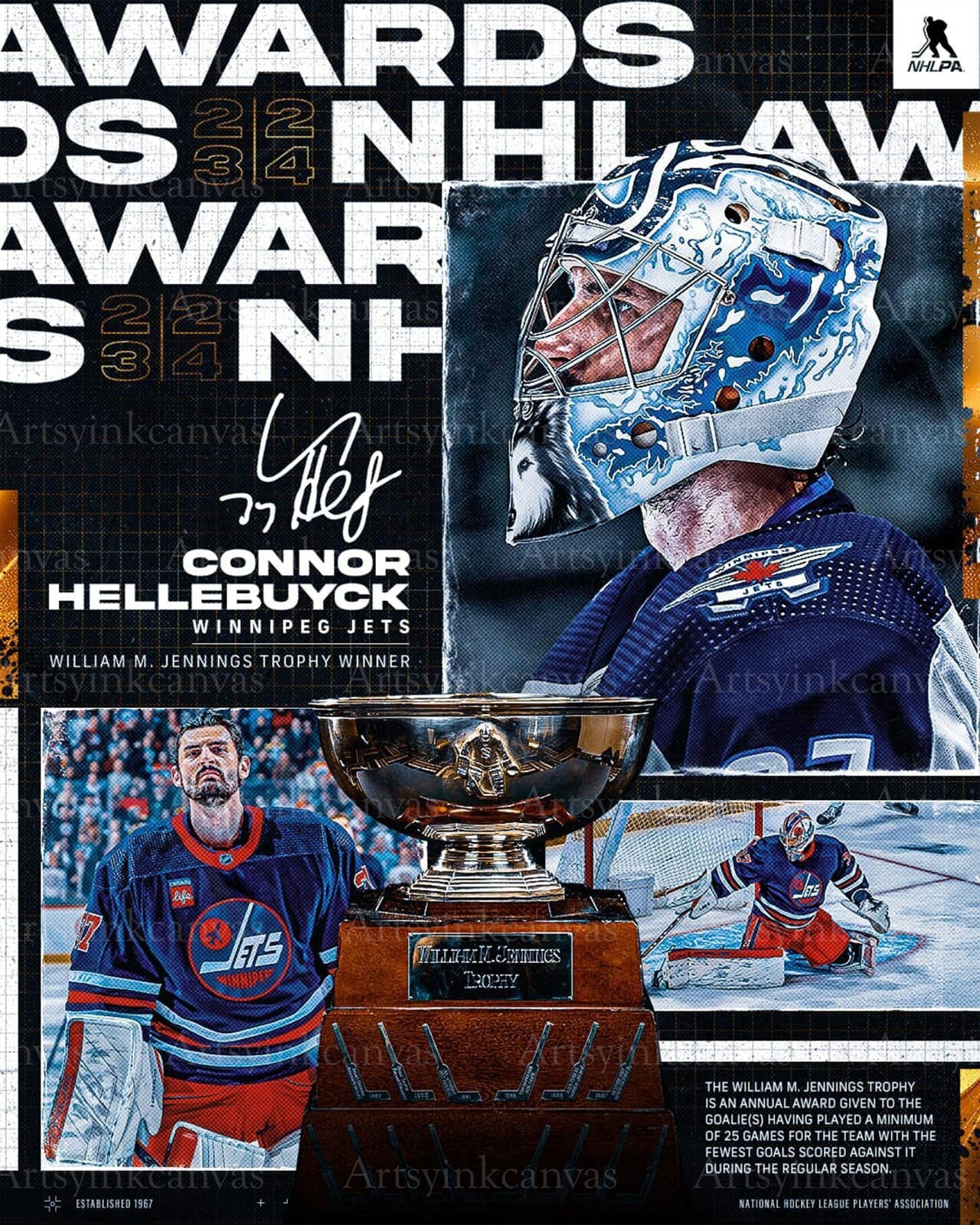Connor Hellebuyck 2024 William M Jennings Trophy Winnipeg Jets canvas wall art