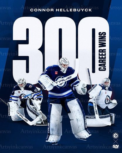 Connor Hellebuyck 300 career wins collage canvas wall art