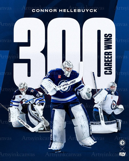 Connor Hellebuyck 300 career wins collage canvas wall art