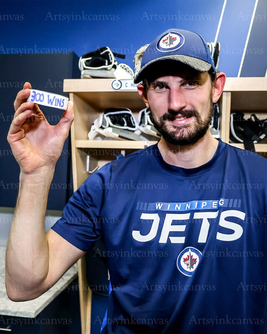 Connor Hellebuyck 300 career wins Winnipeg Jets canvas wall art