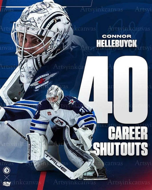 Connor Hellebuyck 40 career shutouts Winnipeg Jets canvas wall art