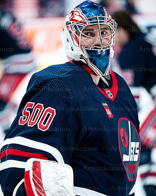 Connor Hellebuyck 500 career games jersey Winnipeg Jets canvas wall art
